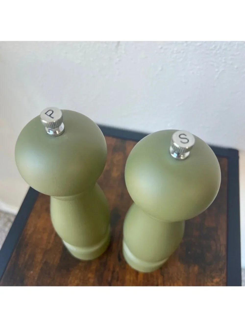 Crate & Barrel Marin Green Desert Wood Salt Pepper Grinder Mill Set